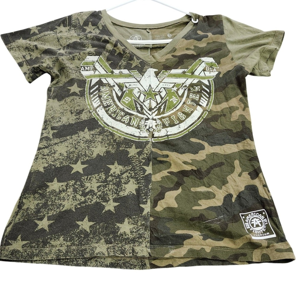 American Fighter Mens V-Neck Camo Stars Graphic Tee Shirt Olive Green Medium